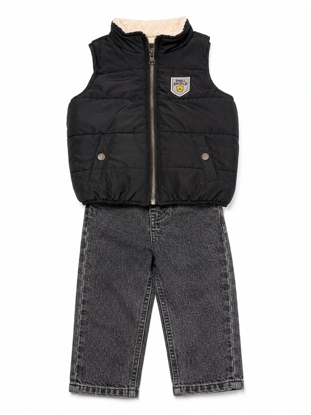 18M Toddler Black Sherpa Vest Charcoal Jeans Outfit Set Cozy Fall Winter